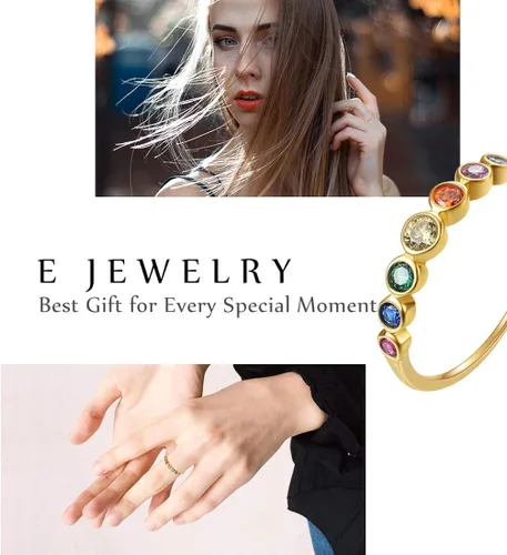 Miniatura 6 de E 14K Gold Plated Ring for Women Rainbow Eternity Jewelry Rings Band Colorful Round AAA Cubic Zirconia CZ Wedding Rings Dainty Gold Rings for Women