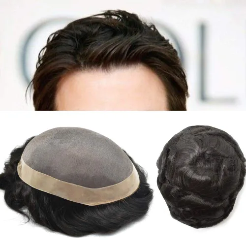 LYRICAL HAIR Peluca de cabello humano de encaje mono fino para hombre, piel de polietileno sintético alrededor del sistema de cabello, peluca de