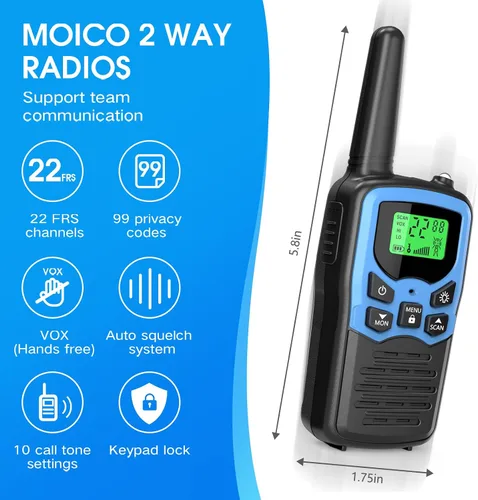 Miniatura 4 de MOICO Walkie Talkies de largo alcance para adultos con 22 canales FRS, Walkie Talkie familiar con linterna LED, pantalla LCD VOX para senderismo