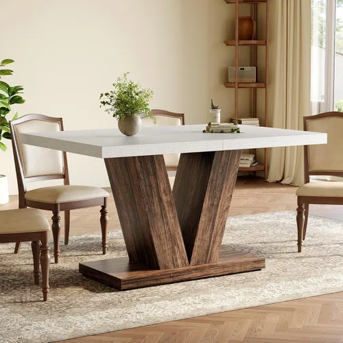 Miniatura 2 de LITTLE TREE Mesa de comedor de 47 pulgadas para 4, mesas de comedor modernas, mesa de cocina rectangular blanca con pedestal en forma de V marrón