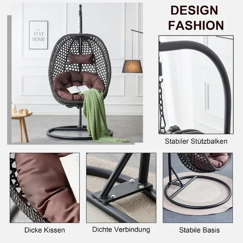 Miniatura 5 de Swining - Silla de huevo con soporte, sillas colgantes de mimbre de ratán para huevos, silla columpio para patio con cojín resistente a los rayos