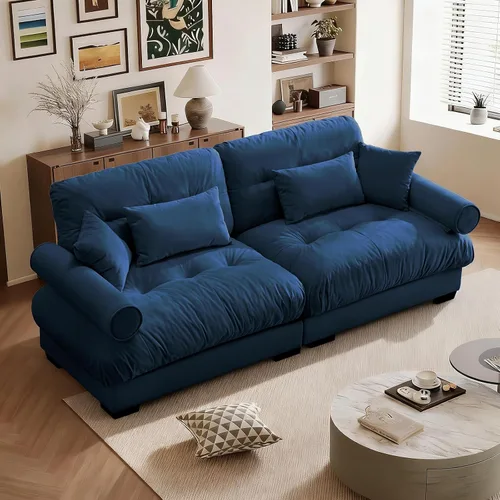 SoarFlash Moderno sofá reclinable de terciopelo para sala de estar, sofá biplaza para apartamento, sofá de almacenamiento con marco de madera Azul