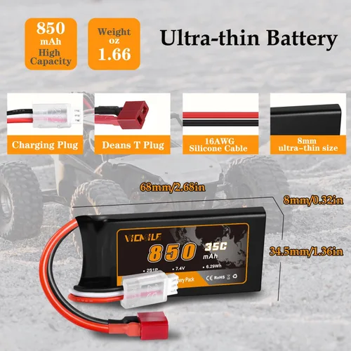 Miniatura 3 de Batería Lipo de 7.4V Super Thin 2S 850mAh RC Batería con Dean-Style T Plug 35C Alta tasa de descarga recargable Ajuste para DEERC WLtoys HBX Most
