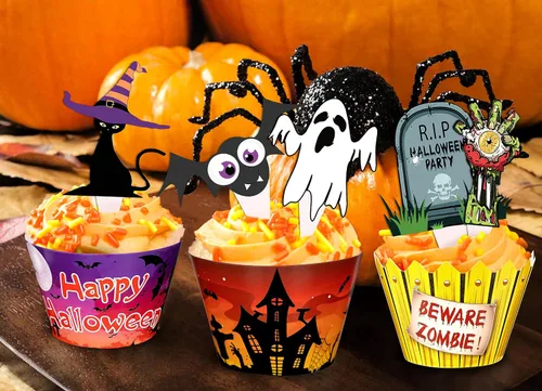 Miniatura 7 de 164 envoltorios para cupcakes de Halloween, tela de araña, calabaza, zombi, tartas de mano, suministros de decoración de fiesta