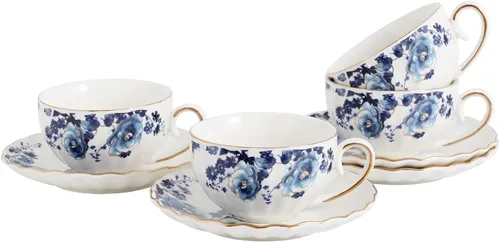 Miniatura 10 de Agyiuns Taza de té y platillos, tazas de té floral de 6.4 onzas con borde dorado, taza de té de porcelana, tazas de café capuchino espresso con Azul