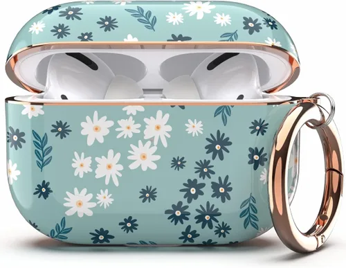 Funda TATOFY para AirPods Pro 2019, elegante funda para AirPods Pro para mujeres y niñas, funda protectora dura con patrones florales con clip (cian)