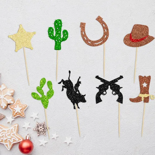 Miniatura 4 de 24 adornos de vaquero para cupcakes con purpurina, zapatos de caballo de vaquero, botas, púas de cupcakes, pistola de estrella, cactus, cupcakes