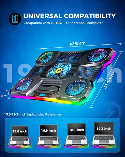 Miniatura 7 de ChillCore Almohadilla de enfriamiento para laptop, enfriador de laptop con luces RGB, 9 ventiladores para laptops de 15.6-19.3 pulgadas, almohadilla