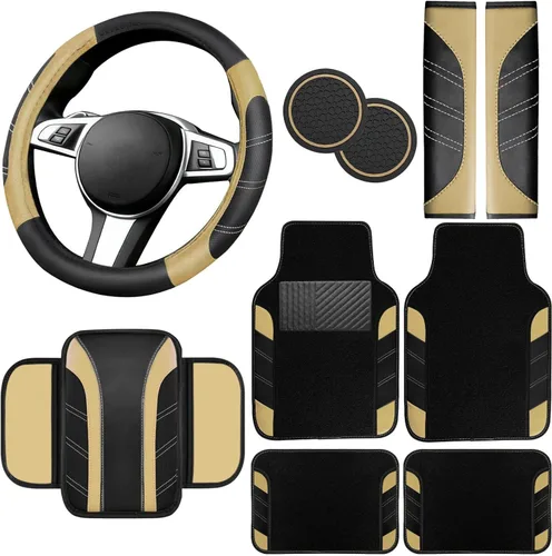 Miniatura 20 de NBTEPEM Juego de 6 accesorios de automóvil beige, funda de cuero deportivo para volante de 14.5 a 15 pulgadas, universal, funda de cuero