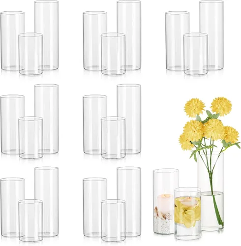 Miniatura 9 de Glasseam Jarrón cilíndrico de vidrio transparente, 6 jarrones de cristal para centros de mesa, pilar moderno de huracán o portavelas flotante