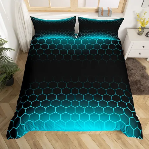 Miniatura 20 de Funda de edredón hexagonal verde estereoscópica de nido de abeja para niños, diseño geométrico de colmena, funda de edredón geométrica de panal