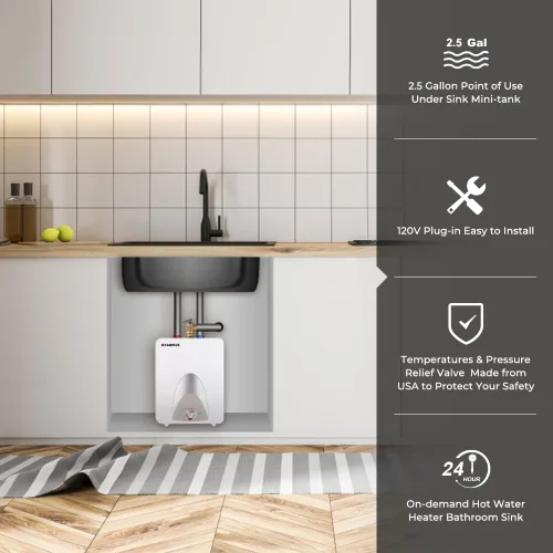Miniatura 2 de CAMPLUX - Calentador de agua eléctrico de 2.5 galones (ME25), elimina el tiempo de agua caliente, montaje en estante, pared o piso, listado UL