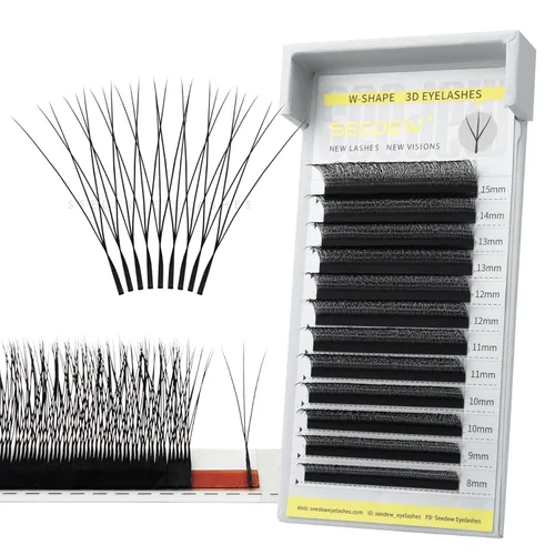 Miniatura 15 de Extensiones de pestañas con doble punta 3D, rizo D de 0.003 in, mezcla de 0.315-0.591 in, 12 filas por bandeja, tallo plano 3DD en forma de W