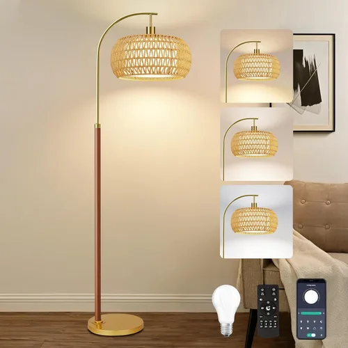 Miniatura 8 de Lámpara de pie de arco con mesa y estantes, lámparas de pie de cristal para sala de estar, regulable, elegante, moderna, LED, lámpara de pie