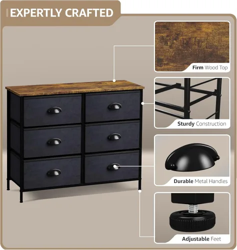 Miniatura 4 de Sorbus Cómoda con 6 cajones de tela, mueble de dormitorio, mueble de almacenamiento, torre para dormitorio, pasillo, armario, organización de Negro