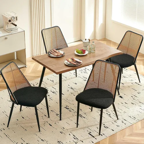 Miniatura 10 de NORDICANA Dining Table Set for 4, Kitchen Table and 4 Chairs, 5 Pieces Dinette Wood Table with Beige Boucle Chiars, Rattan Backrest