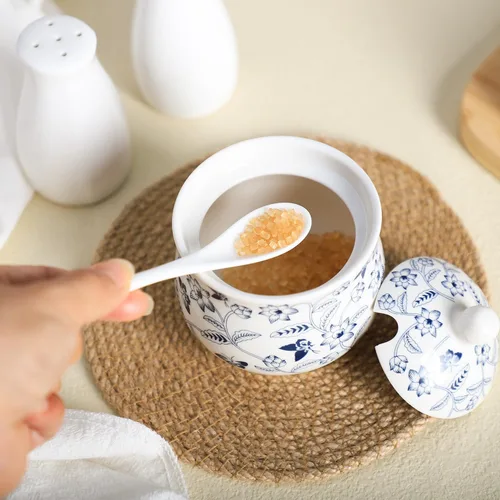 Miniatura 5 de Azucarero de cerámica Tarro de flores azules y blancas Tarro de almacenamiento de sal y pimienta con tapa y cuchara