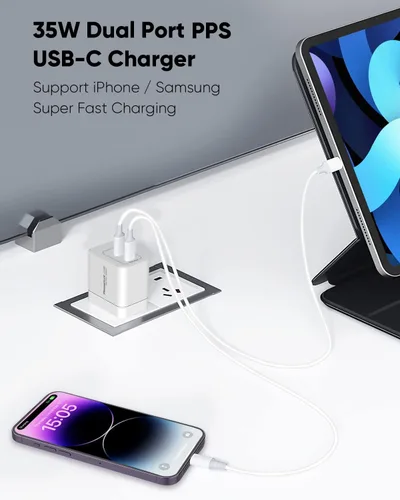Miniatura 2 de PowerLot Cargador USB C, GaN III 35W Dual USB C Cargador de pared, PPS Bloque de carga súper rápida con enchufe plegable para iPhone 15 14 13 12 11