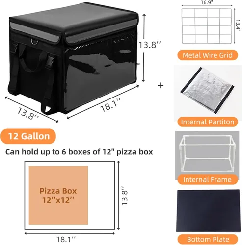 Miniatura 5 de TooCust Bolsa grande aislada para entrega de alimentos con base fija y marco interno, XL-18.1 x 13.8 x 13.8 pulgadas, bolsa de entrega de pizza Negro