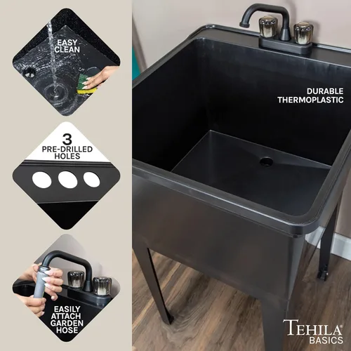 Miniatura 7 de Tehila Basics de JS Jackson Supplies - Fregadero utilitario independiente negro de 21 galones con grifo de 2 manijas negro, bañera de lavandería