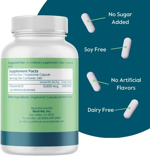 Miniatura 3 de BESTVITE Vitamina B12 (metilcobalamina) 5000mcg (240 cápsulas vegetarianas) (metilo B12) - Sin estearatos - Vegano - Sin OMG - Sin gluten