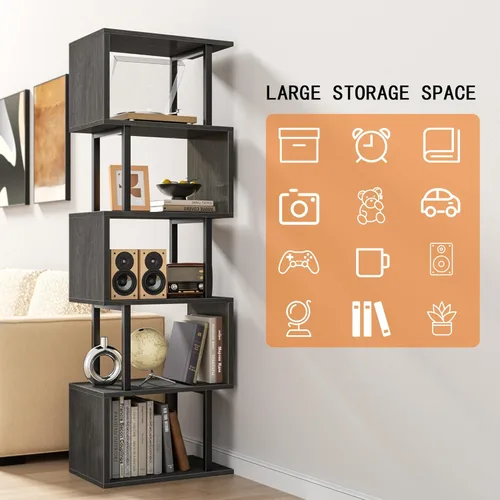 Miniatura 6 de Furologee Estantería de 6 niveles, estantería geométrica alta, estantería industrial en forma de S, estante de pie decorativo de metal y madera