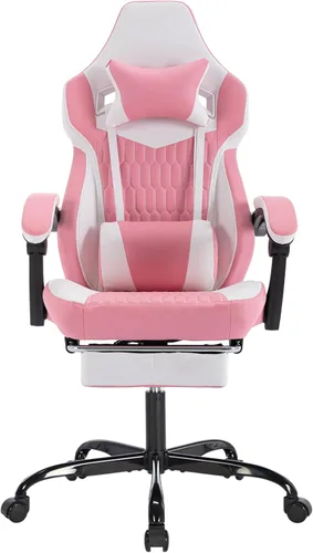Miniatura 8 de Cómoda silla de oficina con reposapiés y soporte lumbar, estilo carreras, ajustable, giratoria de 360°, silla de juegos con reposacabezas