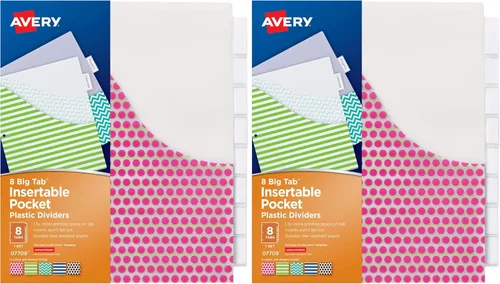 Avery Separadores de carpetas de plástico de 8 pestañas con bolsillos, pestañas grandes transparentes insertables, diseños surtidos, 1 juego (7709)