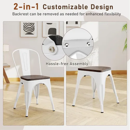 Miniatura 6 de COSTWAY Tolix - Sillas de comedor estilo industrial, apilables, de metal, con asiento de madera, juego de 4 (color blanco y marrón)