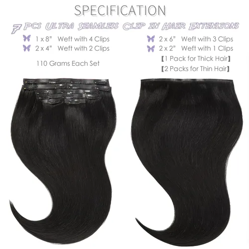 Miniatura 2 de Lacer Hair Glam - Extensiones de cabello humano con clip, sin costuras, color negro hueso, 4.33 oz, 7 unidades, 20 pulgadas, con clip de trama