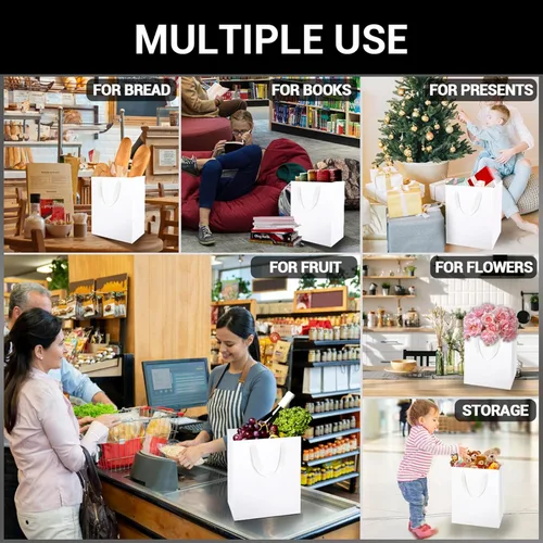 Miniatura 4 de EUSOAR Bolsas de papel kraft blancas, 20 bolsas de papel de 9.8 x 5.1 x 12.6 pulgadas, bolsa de regalo con asas, bolsa de almuerzo de papel