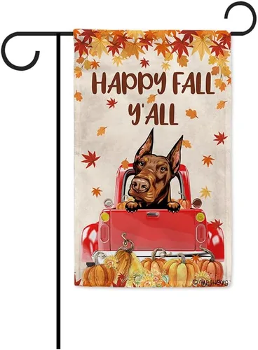 Miniatura 22 de Bandera con texto en inglés «Happy Fall Y'all» con diseño de perro inteligente con calabaza en camión rojo y hojas de arce, pancarta de otoño