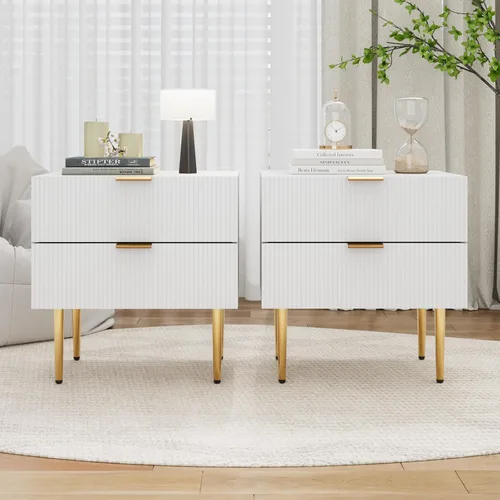 Miniatura 11 de Mesita de noche, mesita de noche negra y dorada con panel estriado, mesa de cabecera con 2 cajones, mesita de noche moderna grande de mediados