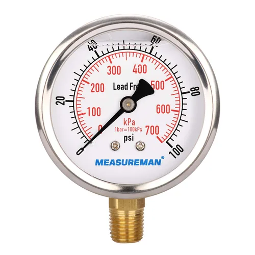 Miniatura 29 de MEASUREMAN - Manómetro de presión 1/4 NPT, manómetro de presión lleno de glicerina 0-100psi/kPa con esfera de 2.5 pulgadas y caja de acero
