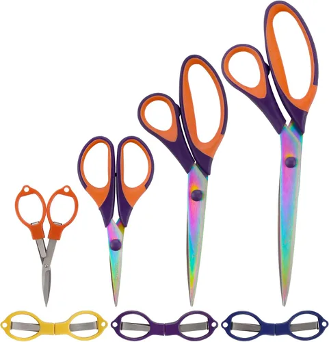 JubileeYarn - Juego de tijeras de titanio Softgrip con tijeras plegables de viaje, color morado y naranja, 1 juego