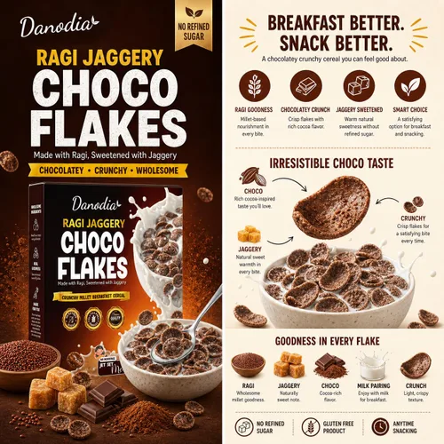 Miniatura 3 de Danodia Foods Ragi Jaggery Choco Flakes 250g/8.8 oz, Cereal de desayuno de mijo dedo con sabor a chocolate Jaggery inspirado en la India, cereal