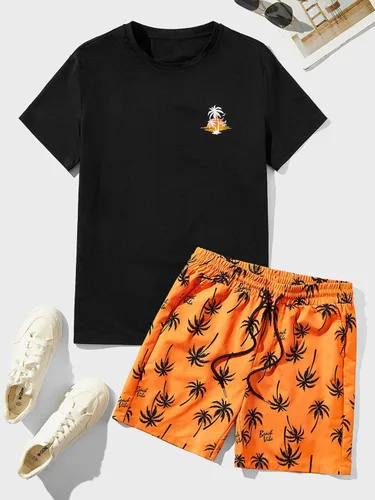 Miniatura 38 de GORGLITTER Conjunto de 2 piezas de camiseta gráfica de manga corta para hombre, estampado hawaiano con cordón y pantalones cortos