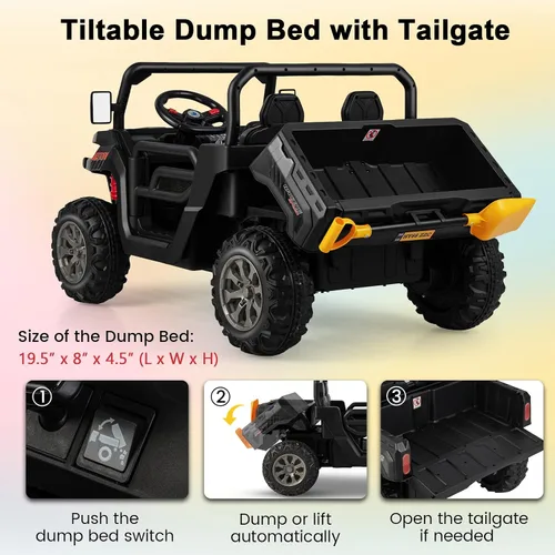 Miniatura 4 de Costzon Camión volquete con control remoto, UTV eléctrico de 12 V para niños con cama volquete eléctrica, función de balanceo, pala, 4 suspensiones
