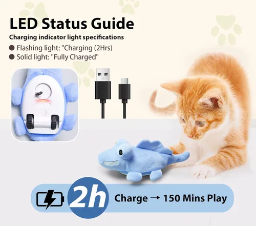 Miniatura 2 de Juguetes interactivos para gatos de interior – Juguete de caza de cocodrilo con carga automática con movimiento de 360°, cola meneante y hierba