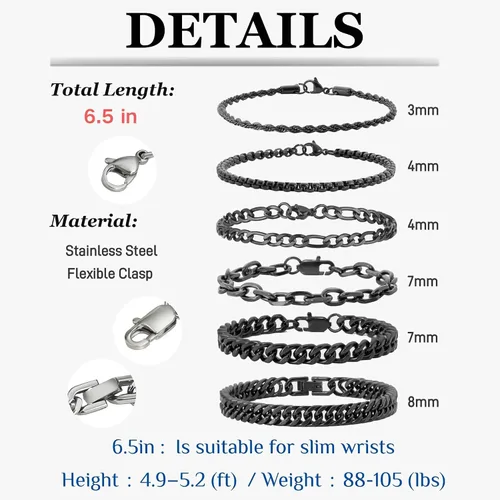 Miniatura 4 de XIANNVXI Juego de 6 pulseras de acero inoxidable para hombre y mujer, color plateado/dorado/negro, pulseras de eslabones cubanos, estilo soga