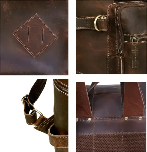 Miniatura 7 de HLC Mochila de cuero genuino para computadora portátil para hombres y mujeres, mochila genuina de gran capacidad, para negocios, retro, viajes