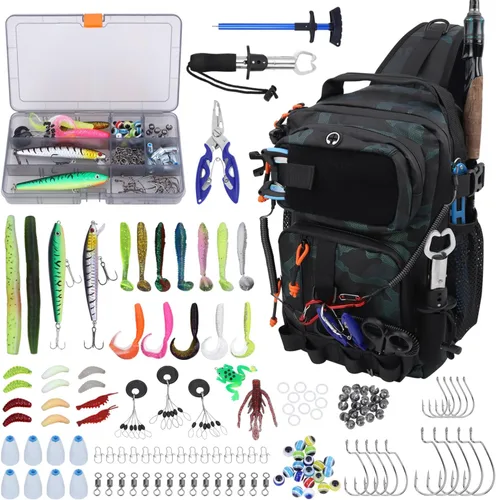 Miniatura 11 de Mochila de pesca con cajas de aparejos, bolsa de hombro de pesca impermeable con soporte para caña, bolsa de pescado con kit de 136 señuelos de Gris