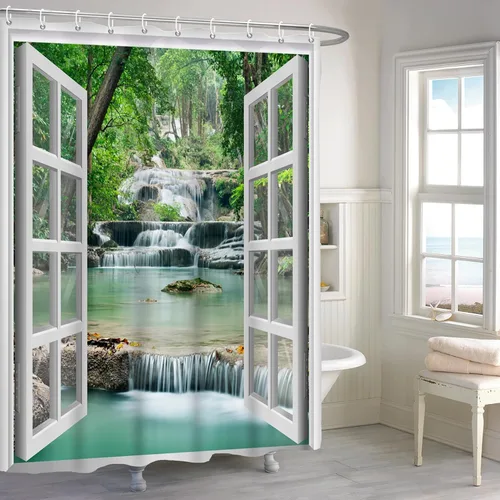 Renaiss Cortina de Ducha de Cascada de Bosque de 72x72 Pulgadas Árbol Verde Agua Lago Selva Tropical Bosque Ventana de Madera Blanca Paisaje Natural