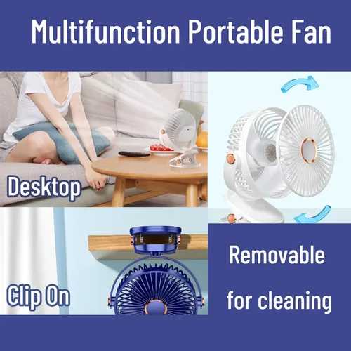 Miniatura 5 de Ventilador de escritorio con clip con luces, recargable por USB, 2400 mAh, 5 niveles de velocidad de flujo de aire, ventilador personal portátil