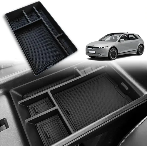 BestEvMod Caja de almacenamiento para reposabrazos Ioniq5, bandeja organizadora de consola central, accesorios interiores con ribete negro de goma