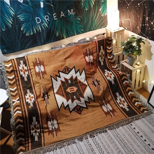 Manta azteca nativa americana, decoración bohemia del suroeste, reversible, con borlas tejidas, mantas y mantas mexicanas para sofá, cama, silla,
