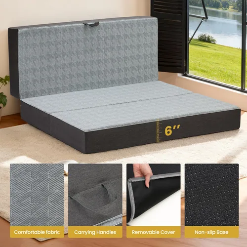 Miniatura 6 de Colchón triple plegable tamaño matrimonial – Colchón plegable de espuma viscoelástica de doble capa de 6 pulgadas, sofá cama futón portátil