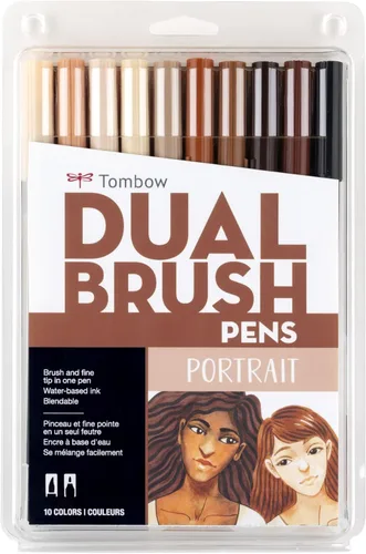 Tombow 56170 Rotuladores artísticos de doble pincel, retrato, paquete de 10. Marcadores mezclables, con pincel y punta fina