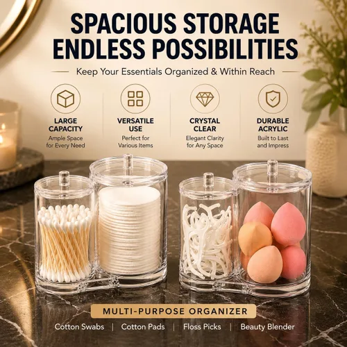 Miniatura 3 de Huji Juego de organizador de baño de acrílico, bola de algodón, Q-Tip y soporte para almohadilla con tapas, tarros de almacenamiento transparentes
