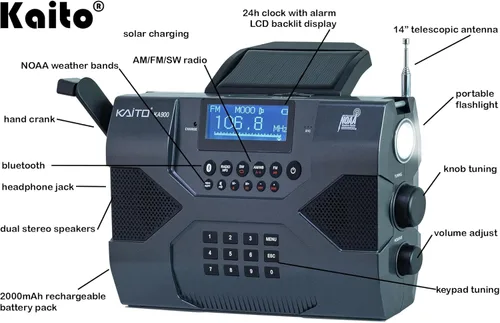 Miniatura 2 de Kaito Radio de Emergencia Voyager Max KA900 Dínamo Digital Solar, a Manivela, a Cuerda, AM/FM/SW y NOAA, Receptor de Radio Estéreo del Tiempo
